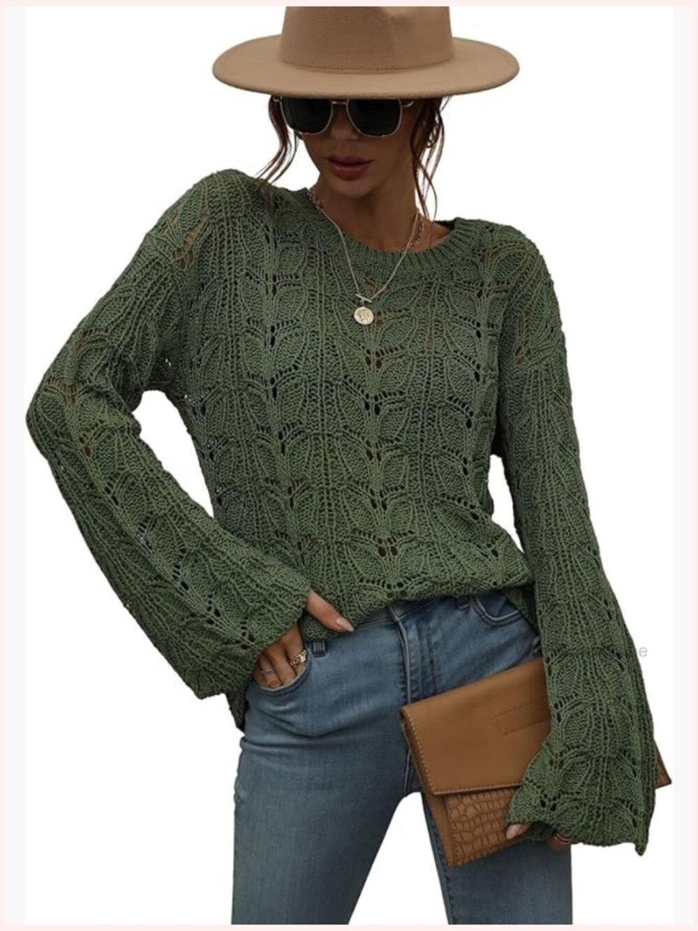 Women's Bell Sleeve Crochet Sweater Boho Hollow Out Pullover Tops Blouse